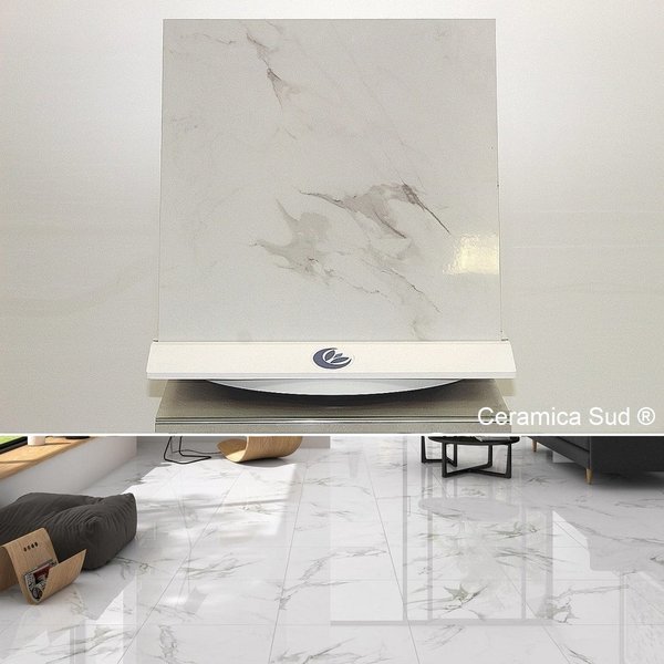 Pavimento da interno lucido effetto marmo di Carrara Bianco chiaro Gres Porcellanato 60 cm.