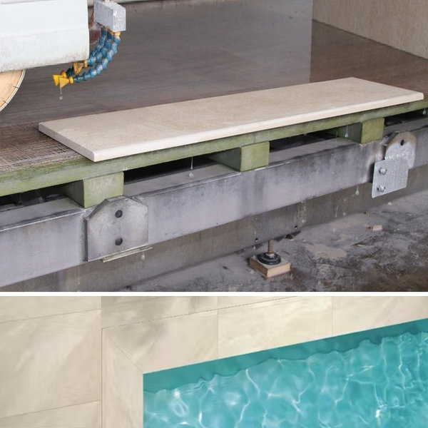 Bordo piscina antiscivolo effetto pietra sabbia gres porcellanato resistente al sale spessore 2 cm.